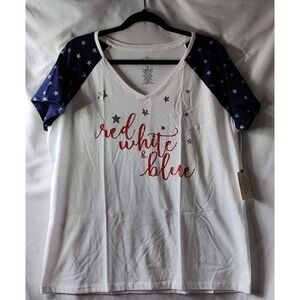St John's Bay Womens V-Neck T-Shirt Short Sleeve Navy/White Start Print 2XL